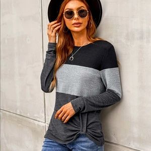 Ruched asymmetrical hem tee in black and gray. Cute on! Brand new. Worn once.